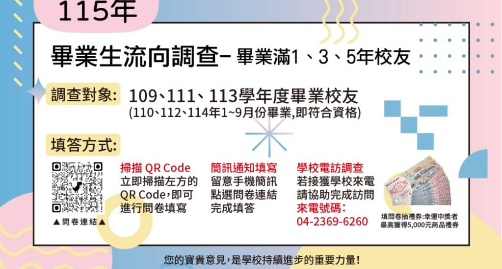【115年畢業生流向調查開跑囉】完成問卷即可參加抽獎，最高5,000元禮券！ 詳細內容
